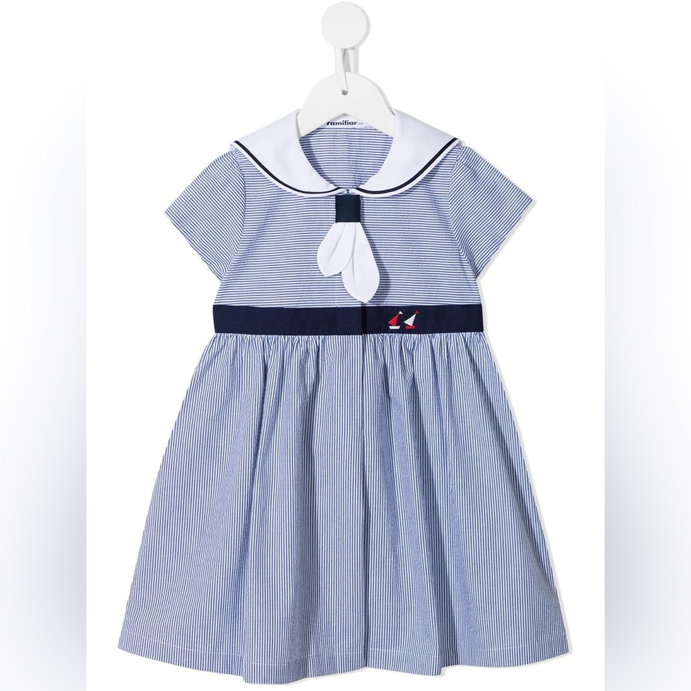 FAMILIAR Girls Sailor Style Blue White Stripe Dress Nautical White Collar